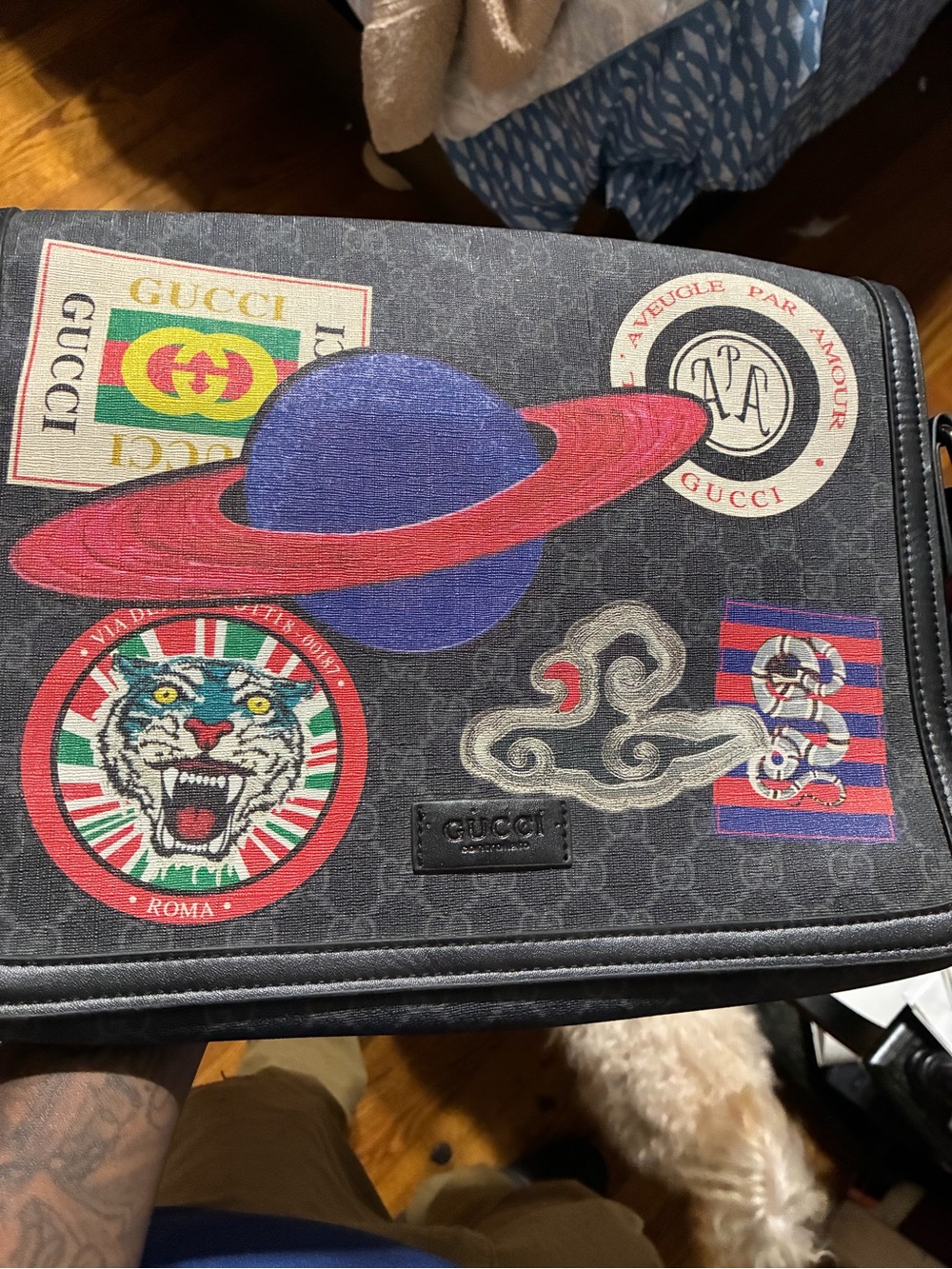 Gucci Black Canvas Messenger Bag with Purple Planet and Red Accents